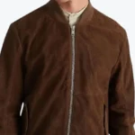 Men Dark Brown Suede Leather Bomber Jacket Closeup