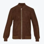 Men Dark Brown Suede Leather Bomber Jacket Front