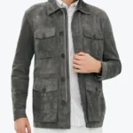Men Dark Grey Suede Leather Shirt Jacket