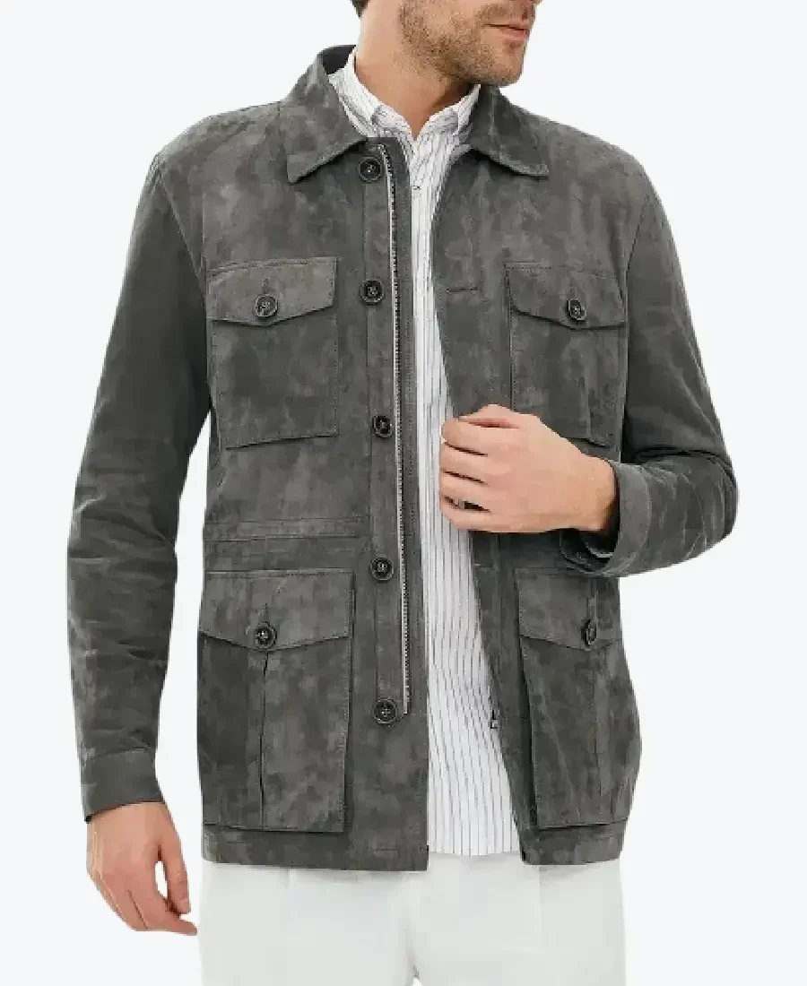 Men Dark Grey Suede Leather Shirt Jacket