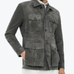 Men Dark Grey Suede Leather Shirt Jacket Side