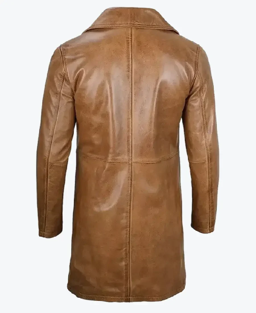 Men Mid-Length Brown Leather Coat Back - Rare Jackets