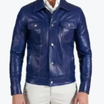 Men Shirt Style Blue Real Lambskin Leather Jacket Rare Jacket