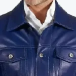 Men Shirt Style Blue Real Lambskin Leather Jacket Collar Rare Jacket