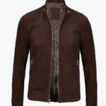 Men Simple Dark Brown Suede Leather Jacket