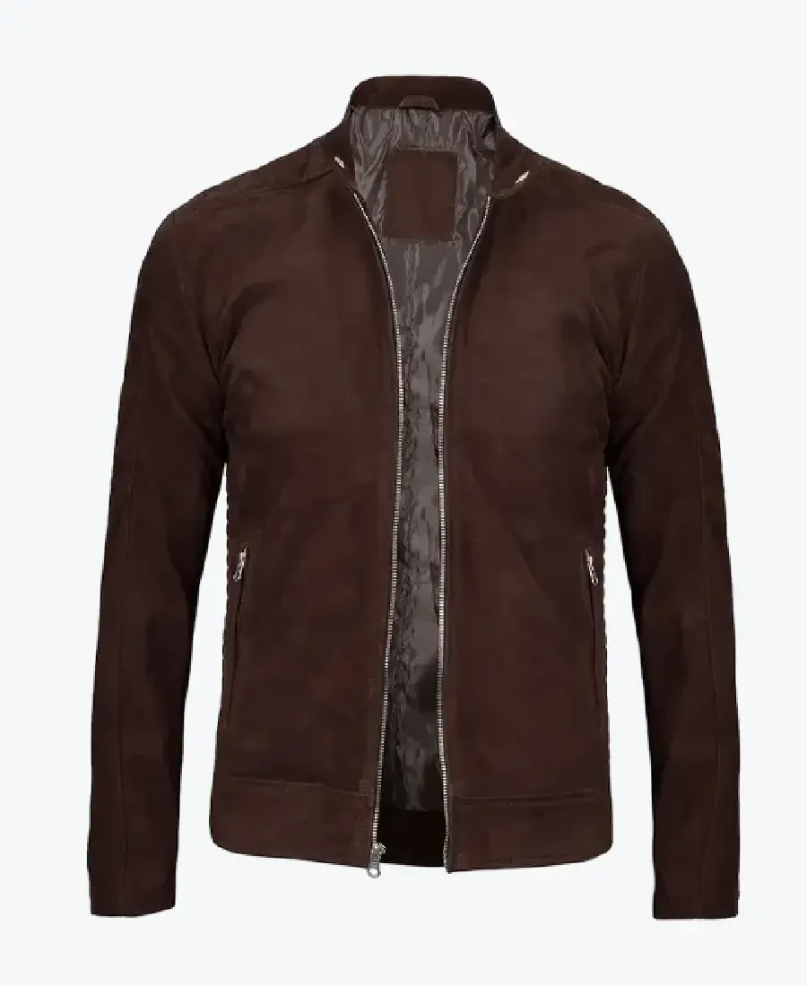 Men Simple Dark Brown Suede Leather Jacket