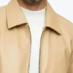 Men’s Beige Bomber Leather Jacket Collar Rare Jacket