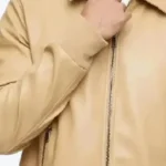 Men’s Beige Bomber Leather Jacket Sleeeves Rare Jacket