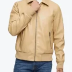 Men’s Beige Leather Bomber Jacket Front - Rare Jackets