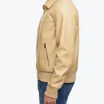 Men’s Beige Leather Bomber Jacket Side - Rare Jackets