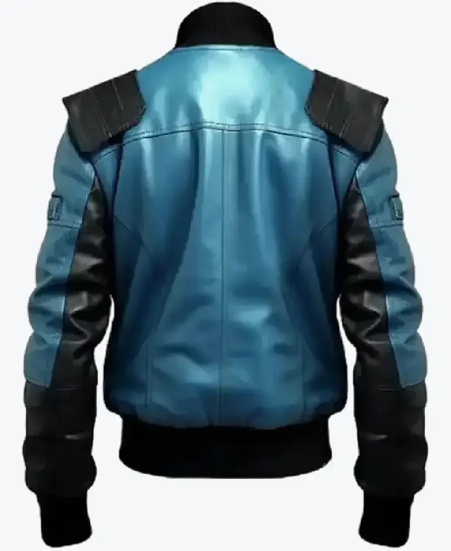 Men’s Black And Blue Bomber Leather Jacket Back - Rare Jackets