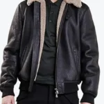 Men’s Black Aviator Bomber Leather Jacket Collar