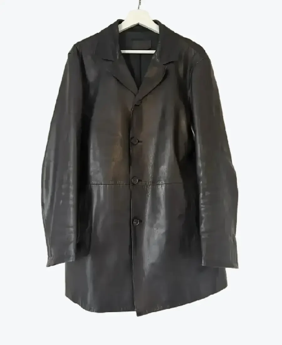 Men's Black Four Button Leather Coats Rare Jacket