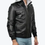 Men’s Black Hooded Bomber Jacket Side - Rare Jackets
