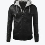 Mens Black Leather Hooded Jacket Rare Jacket