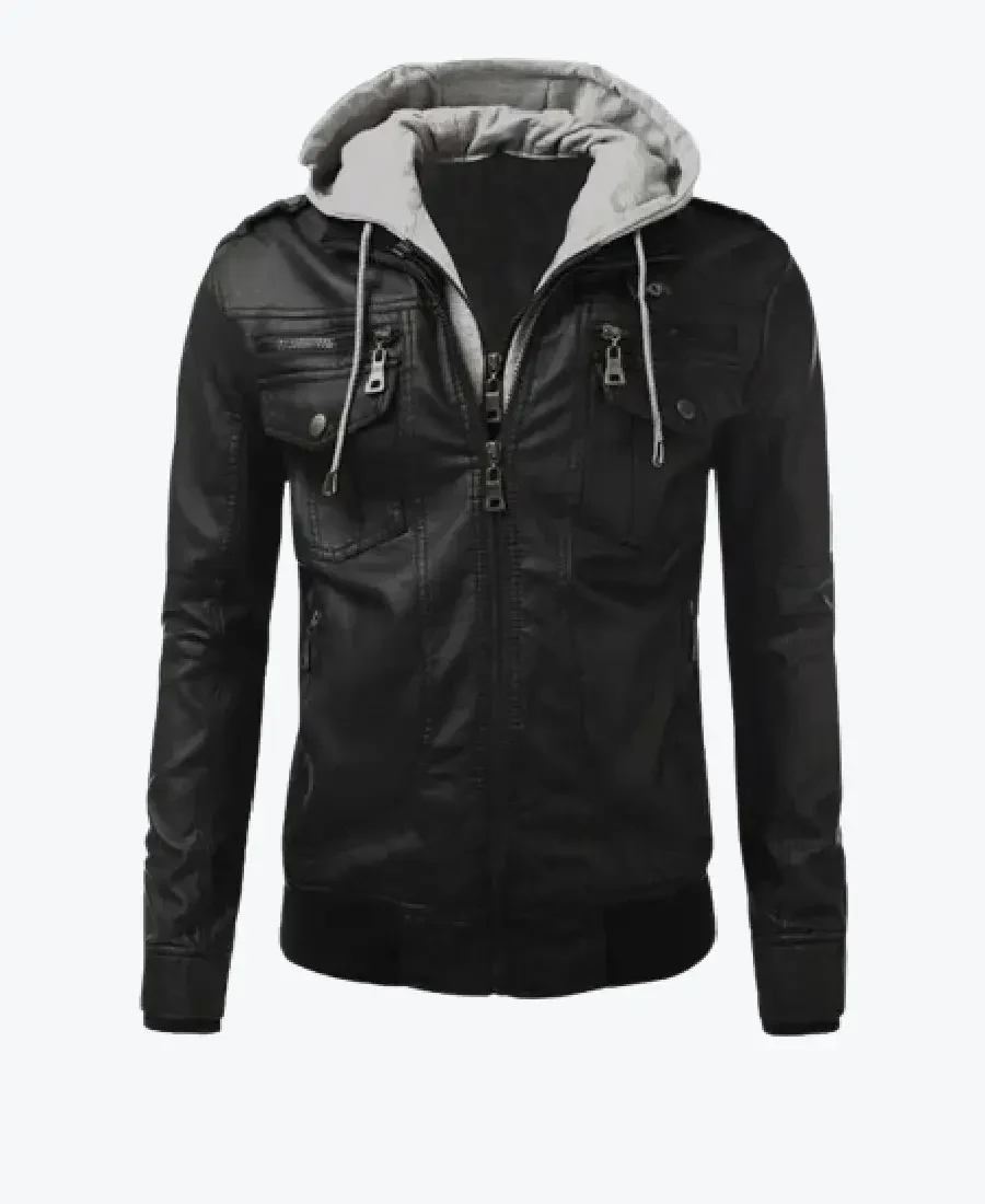 Mens Black Leather Hooded Jacket Rare Jacket