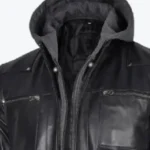 Mens Black Leather Jacket With Grey Hoodie Collar Rare Jacket