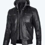Mens Black Leather Jacket With Grey Hoodies Rare Jacket
