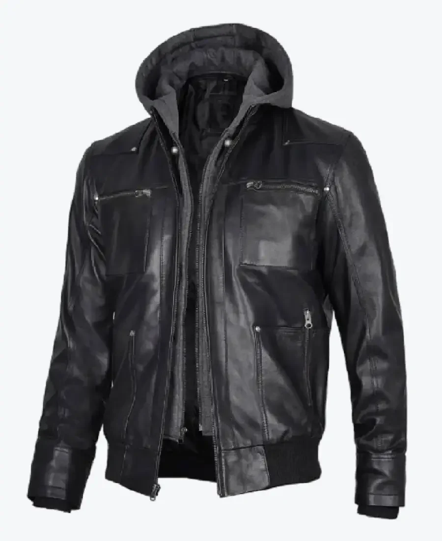 Mens Black Leather Jacket With Grey Hoodies Rare Jacket