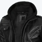 Mens Black Leather Jacket With Removable Hoodie Collar Rare Jacket