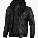 Mens Black Leather Jacket With Removable Hoodies Rare Jacket