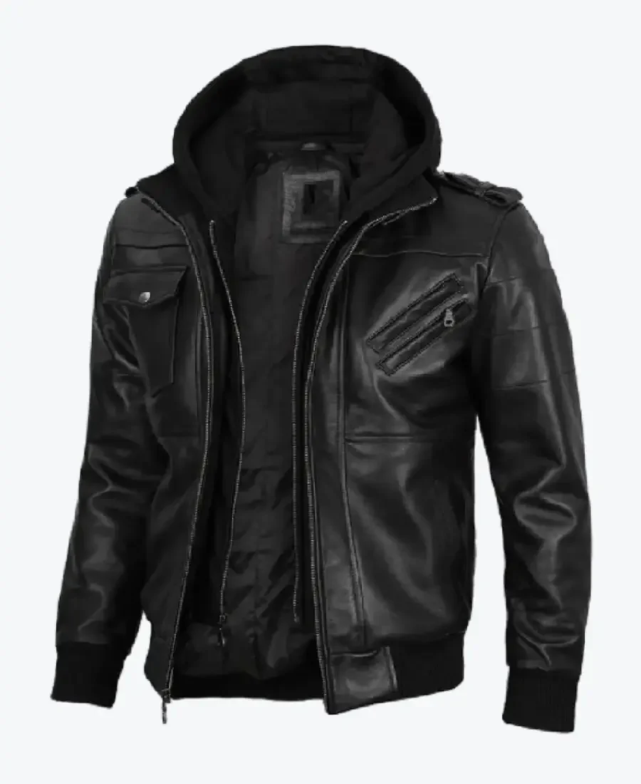 Mens Black Leather Jacket With Removable Hoodies Rare Jacket