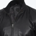 Men's Black Real Cowhide Leather Bomber Jacket Collar