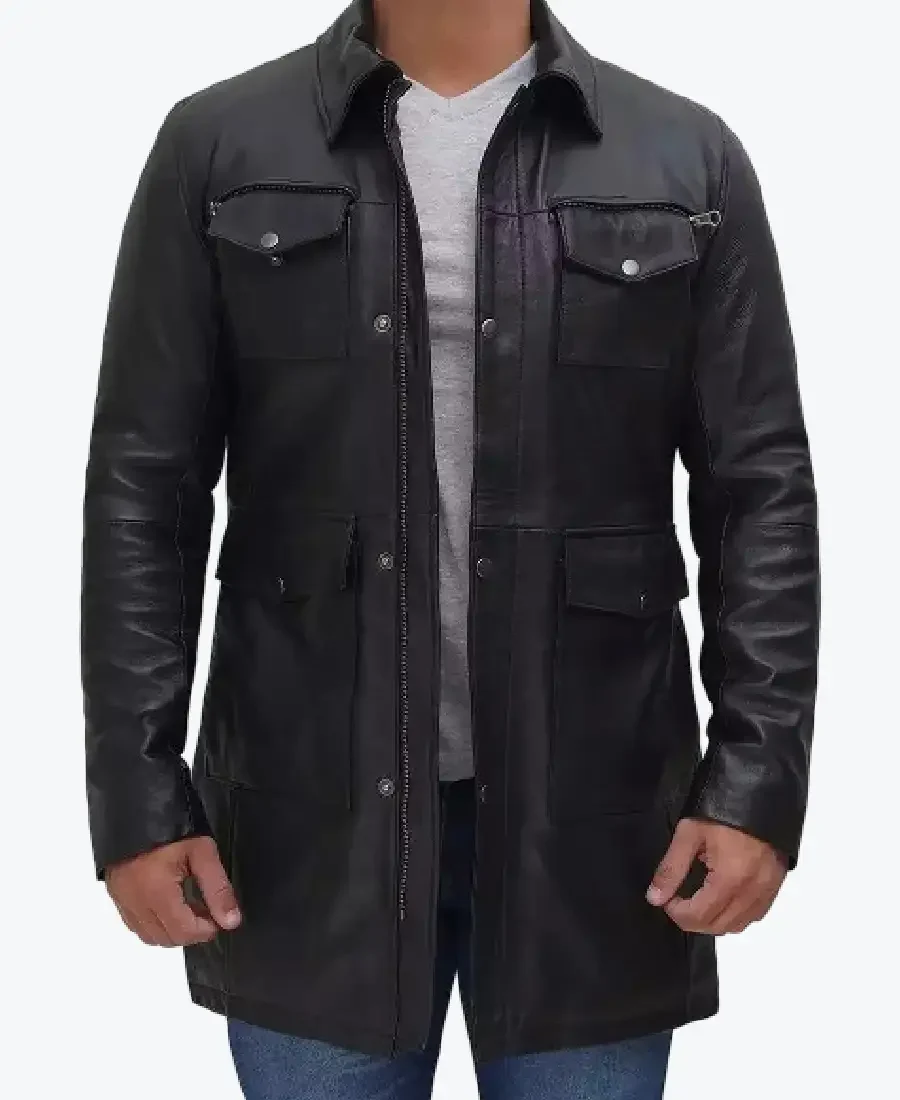 Men’s Black Shirt Collar Leather Coats Rare Jacket