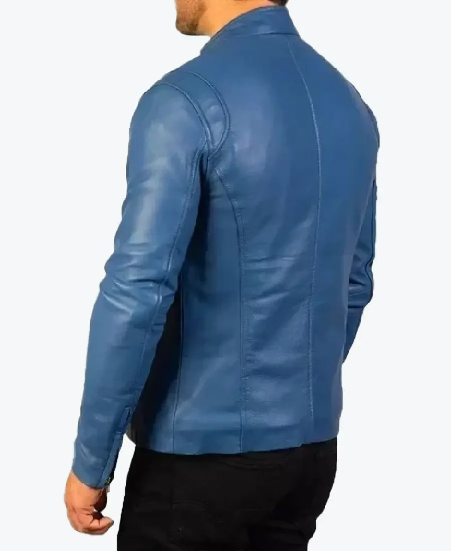 Mens Blue Simple Genuine Leather Jacket Back