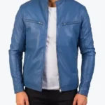 Mens Blue Simple Genuine Leather Jacket