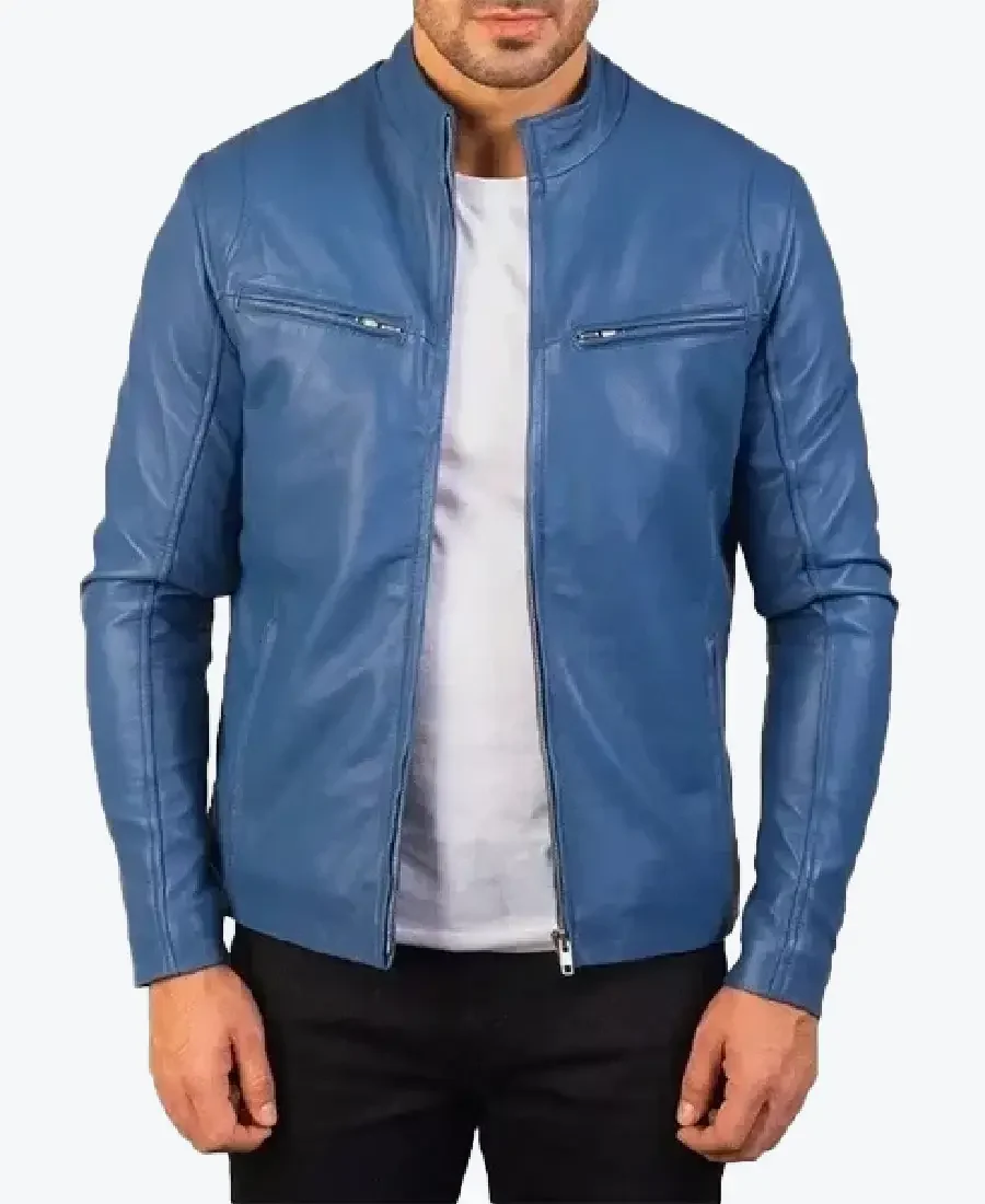 Mens Blue Simple Genuine Leather Jacket