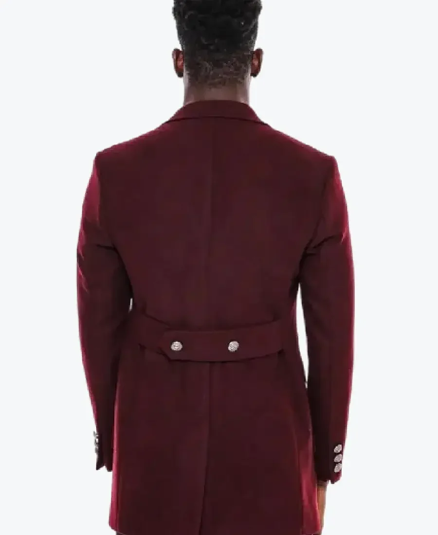 Men's Burgundy Double Breasted Wool Coat back - Rare Jackets