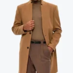 Men's Camel Brown Single Breasted Short Wool Coat Front - Rare Jackets