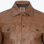 Mens Camel Brown Trucker Leather Jacket Collar Rare Jacket