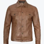 Mens Camel Brown Trucker Leather Jackets Rare Jacket