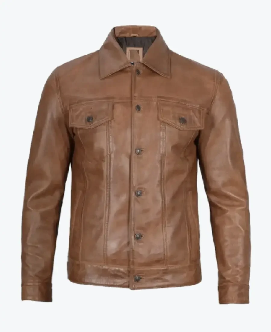 Mens Camel Brown Trucker Leather Jackets Rare Jacket
