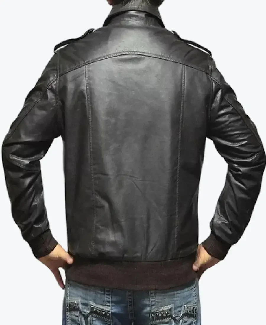 Mens Casual Black Leather Bomber Jacket Back