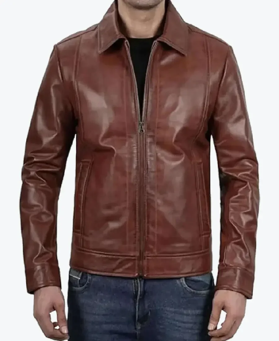 Men’s Classic Shirt Collar Brown Leather Jacket Rare Jacket
