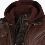 Mens Dark Brown Leather Bomber Jacket With Hood Collar Rare Jacket