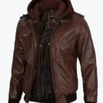 Mens Dark Brown Leather Bomber Jacket With Hoods Rare Jacket