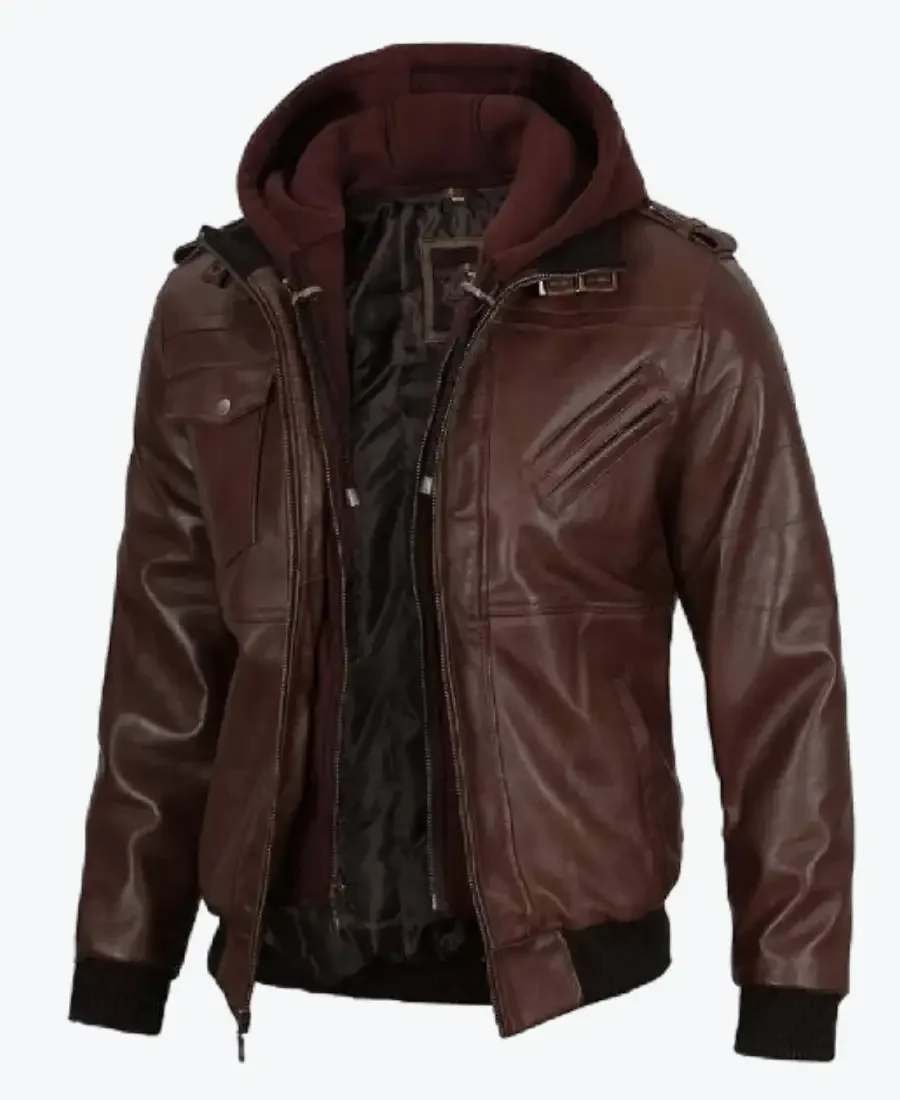Mens Dark Brown Leather Bomber Jacket With Hoods Rare Jacket
