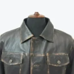 Mens Dark Brown Leather Trucker Jacket Collar Shoot Rare Jacket