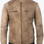 Men’s Distressed Beige Leather Biker Jacket