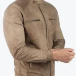 Men’s Distressed Beige Leather Biker Jacket Front