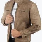 Men’s Distressed Beige Leather Biker Jacket Front View