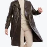 Men's Double Breasted Brown Trench Leather Coat Front - Rare Jackets