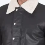 Men’s Flap Pockets Black Leather Jacket Collar Rare Jacket