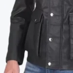 Men’s Flap Pockets Black Leather Jacket Sleeves Rare Jacket