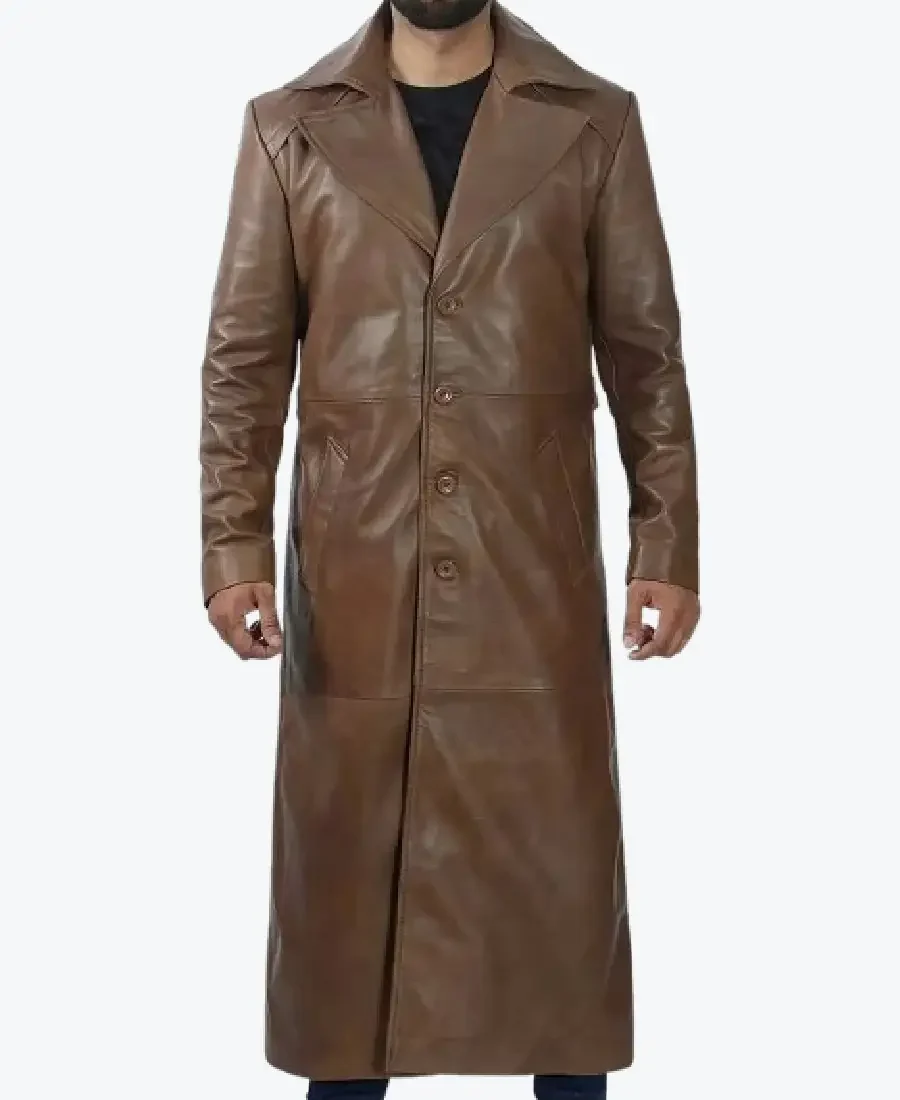 Men's Lapel Style Brown Long Coat Rare Jacket