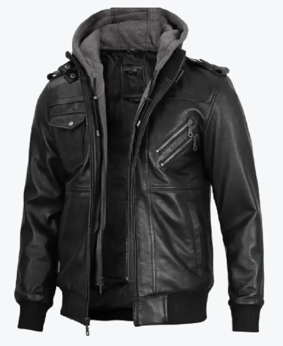 Mens Leather Jacket with Removable Hoods Rare Jacket